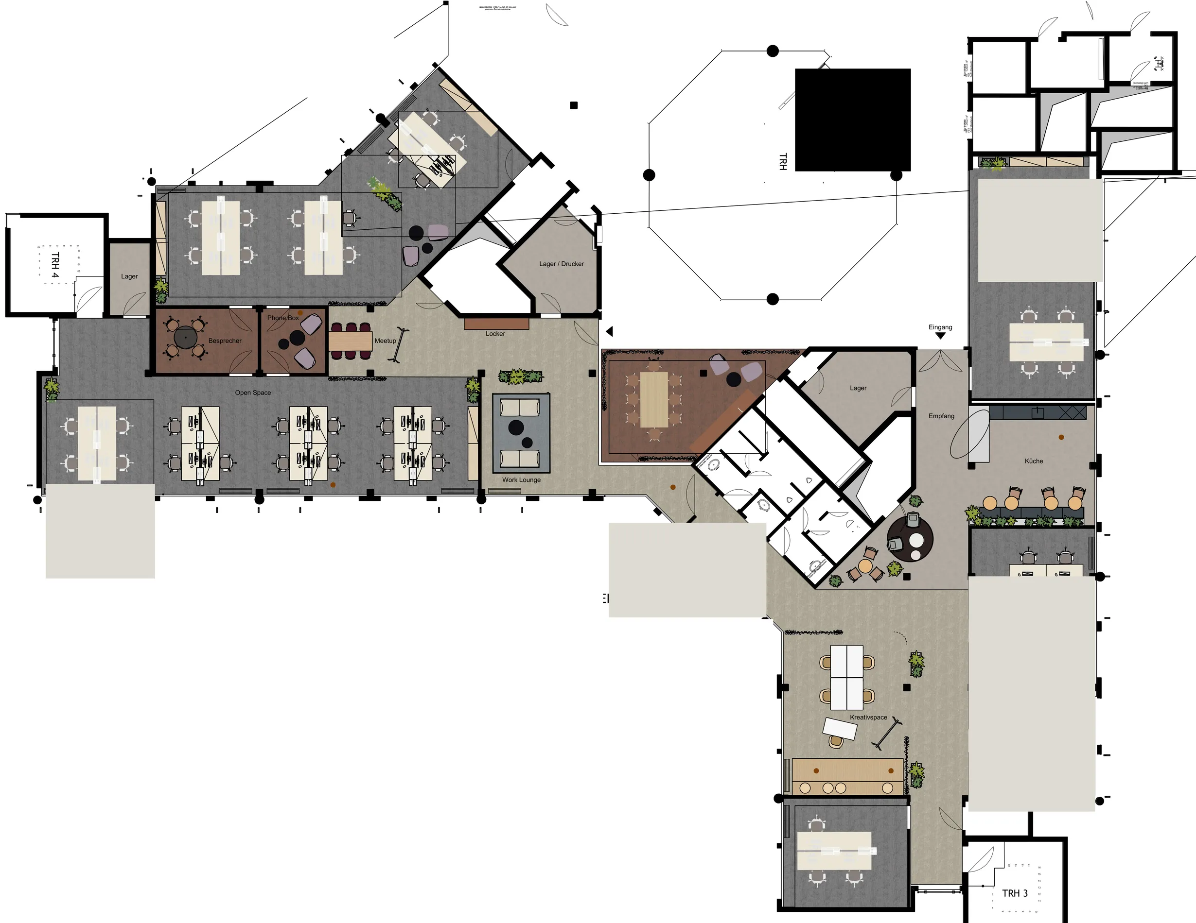 Grundriss des 1. Obergeschosses mit Open Space, Besprechungsräumen, Work Lounge, Studio, Lager, Empfang, Küche und Kreativspace